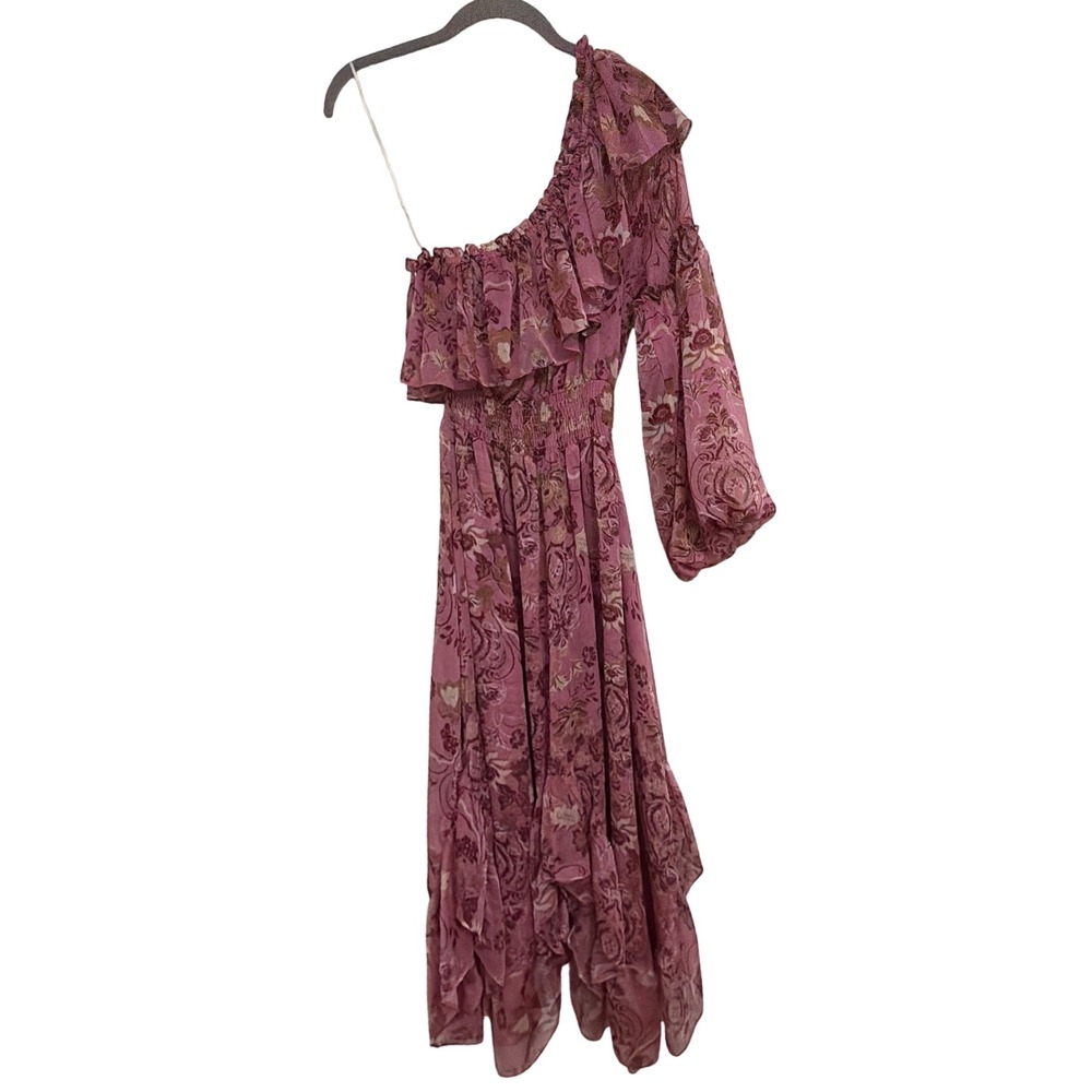 MISA Los Angeles Pink Floral Paisley One Shoulder Ruffle Midi Dress XS NEW